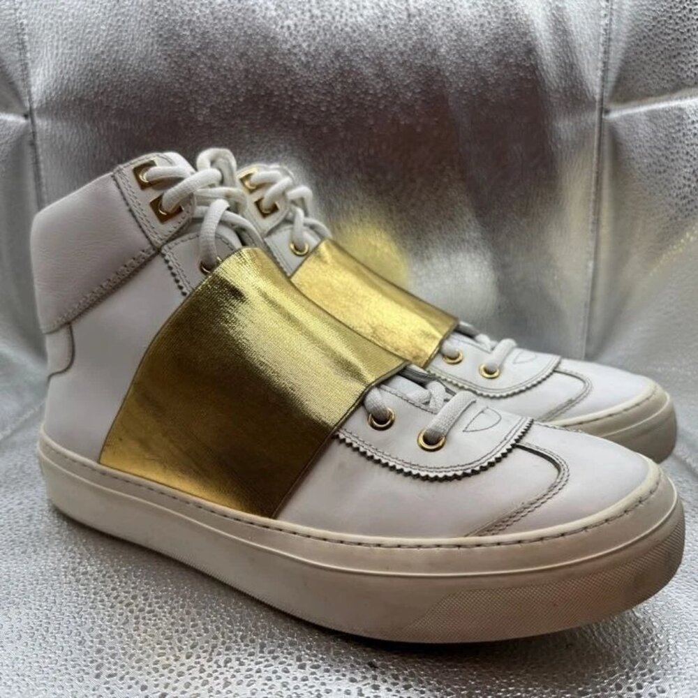 Size 41 - Jimmy Choo Archie White Matt Calf Gold Metallic‎ High Top Sneakers